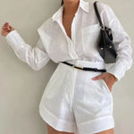 Conjunto de shorts folgados de manga comprida em algodão e linho