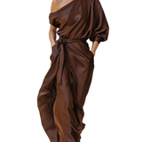 VESTIDO LARGO DE SATÉN MARRÓN CHOCOLATE CON DISEÑO DE UN HOMBRO - VALERINA MARBELLA