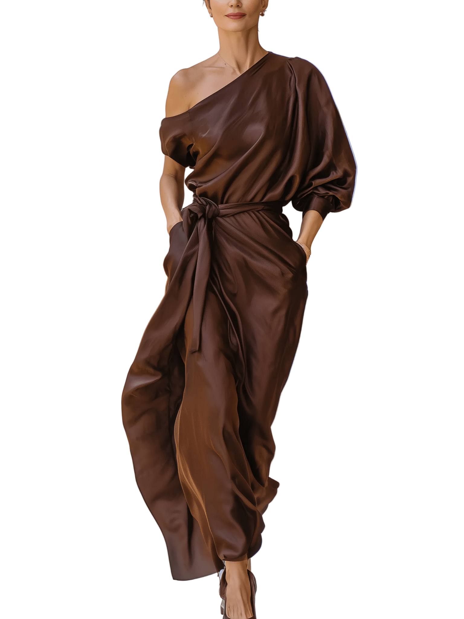 VESTIDO LARGO DE SATÉN MARRÓN CHOCOLATE CON DISEÑO DE UN HOMBRO - VALERINA MARBELLA