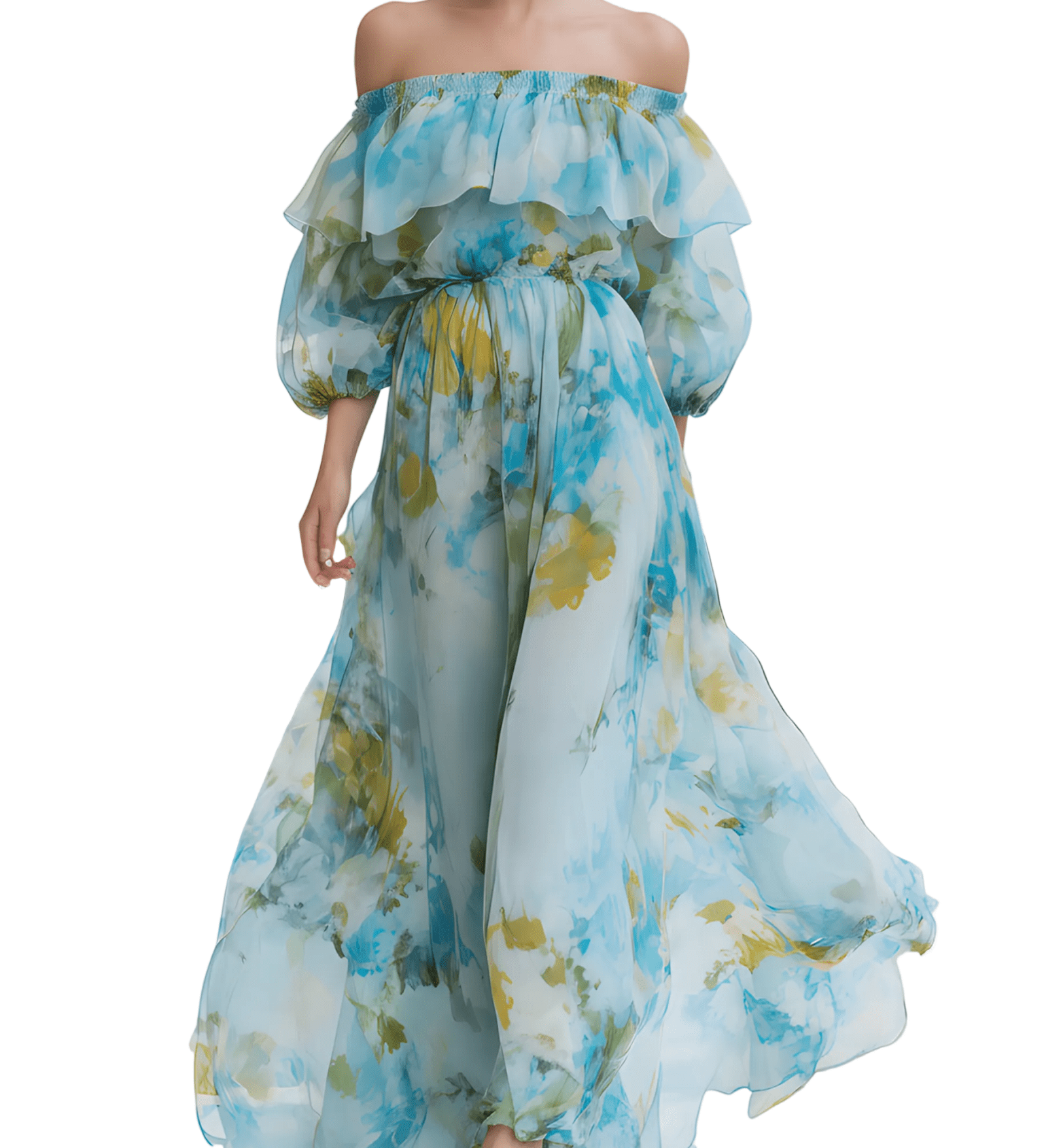 VESTIDO LARGO FLORAL ACUARELA CON HOMBROS DESCUBIERTOS - VALERINA MARBELLA