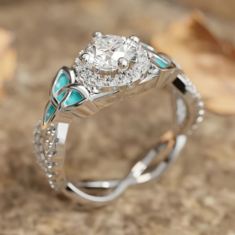 ANILLO ELEGANTE BOHEMIO TURQUESA FEUILLE CIRCONA CRISTAL