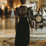 VESTIDO MIDI NEGRO DE ENCAJE Y TERCIOPELO CON CUELLO BLAZER - VALERINA MARBELLA