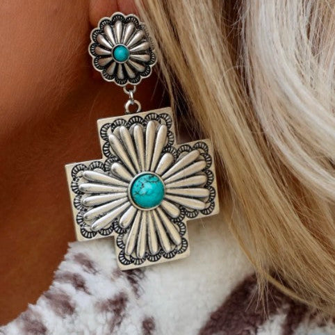 PENDIENTES RÉTRO FLORAL DESIGN TURQUESA CRUZ SCULPTÉ MÉTAL