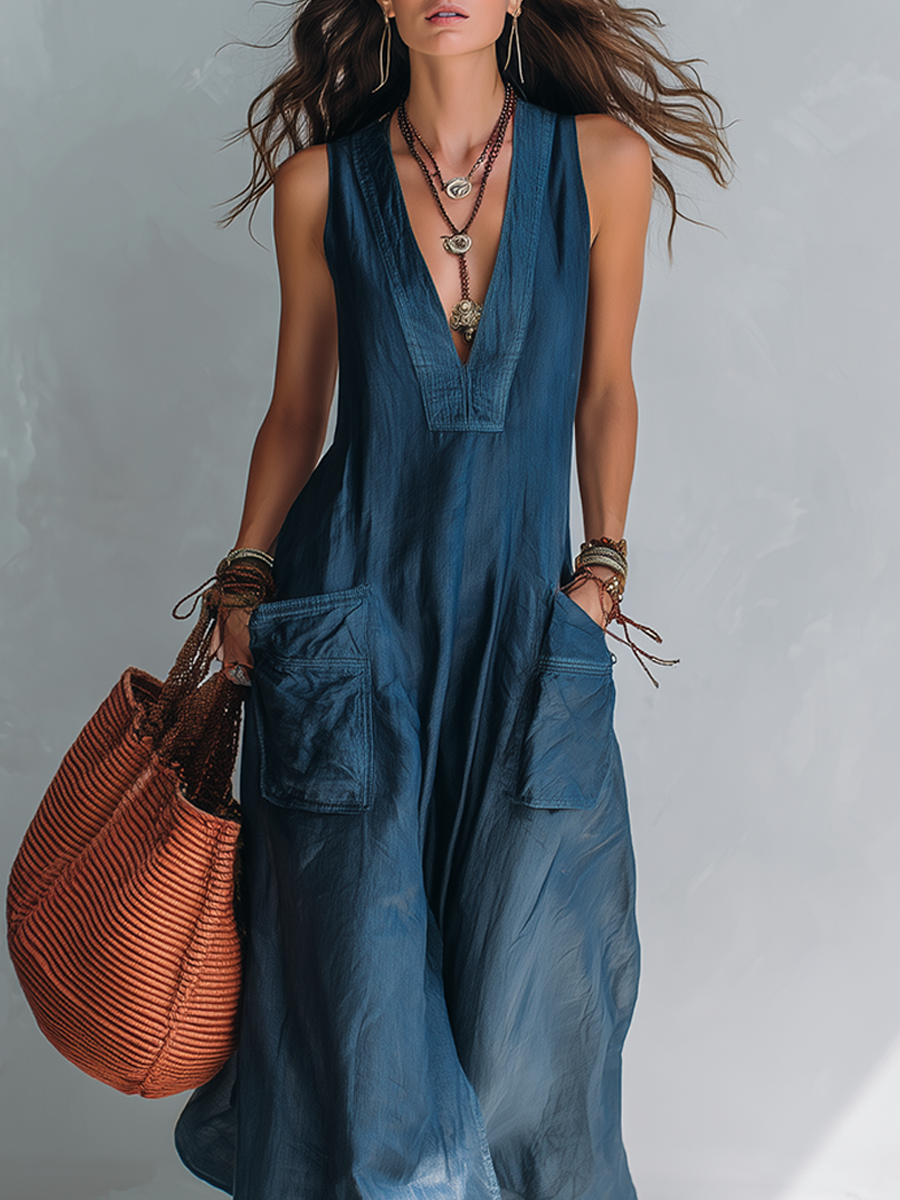 Bohemian-style Wide-leg Jumpsuit With Practical Pockets.