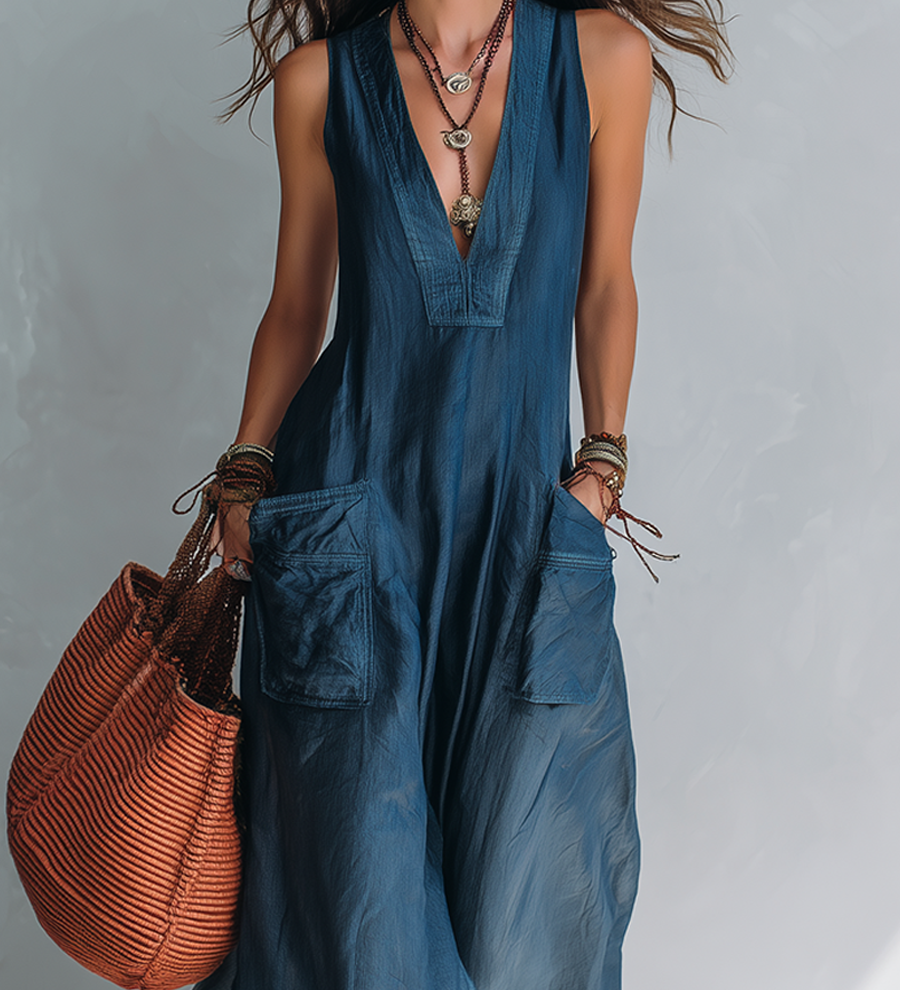 Bohemian-style Wide-leg Jumpsuit With Practical Pockets.