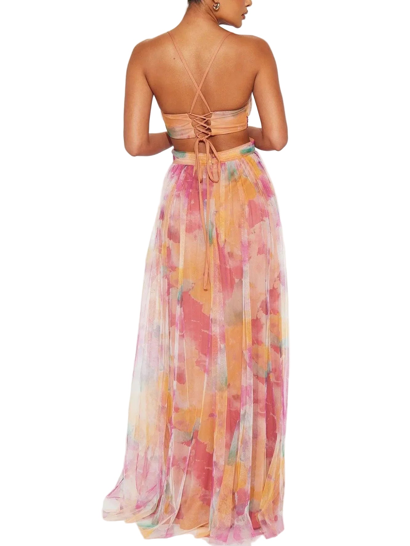 Elegant Painted Floral Print V-Neck A-Line Maxi Dress