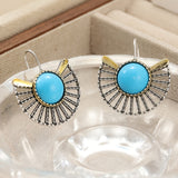 PENDIENTES BOHEMIO TURQUESA PLAQUÉ ORO ÉVENTAIL FORME AJOURÉ CROCHET