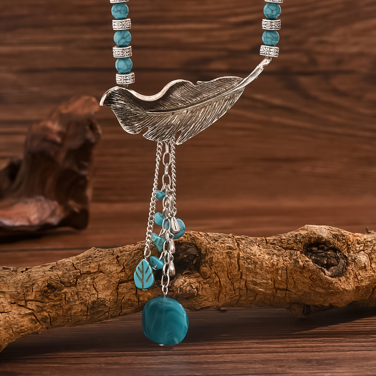 COLLAR VINTAGE BOHEMIO STYLE TURQUESA PERLES FEUILLE COLGANTE