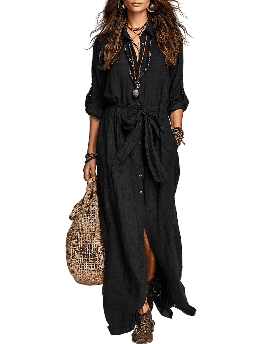 VESTIDO MAXI DE LINO NEGRO ESTILO BOHEMIO CON BOTONADURA - VALERINA MARBELLA