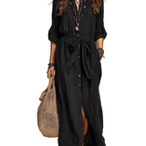 VESTIDO MAXI DE LINO NEGRO ESTILO BOHEMIO CON BOTONADURA - VALERINA MARBELLA