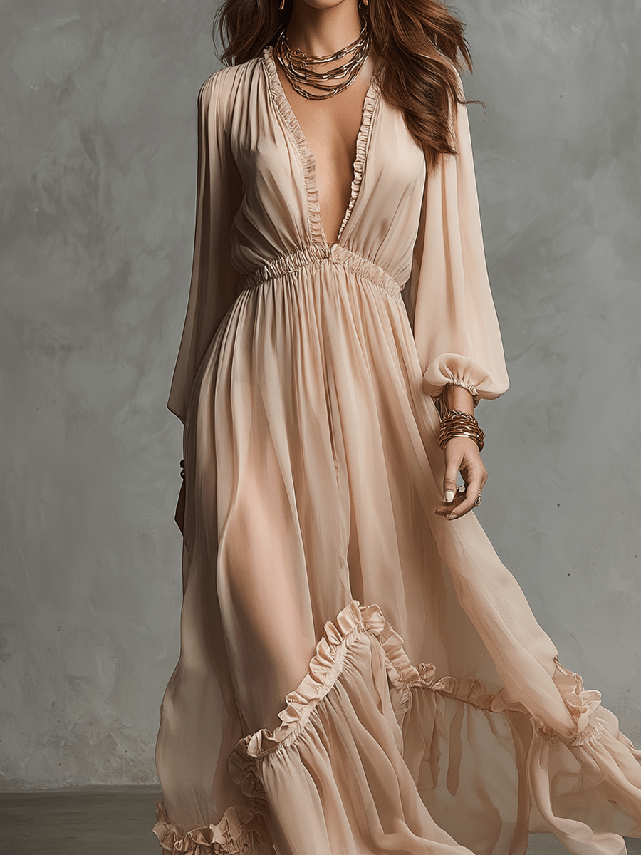 VESTIDO MAXI DE GASA CON ESCOTE EN V PROFUNDO - VALERINA MARBELLA