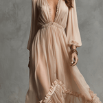 VESTIDO MAXI DE GASA CON ESCOTE EN V PROFUNDO - VALERINA MARBELLA