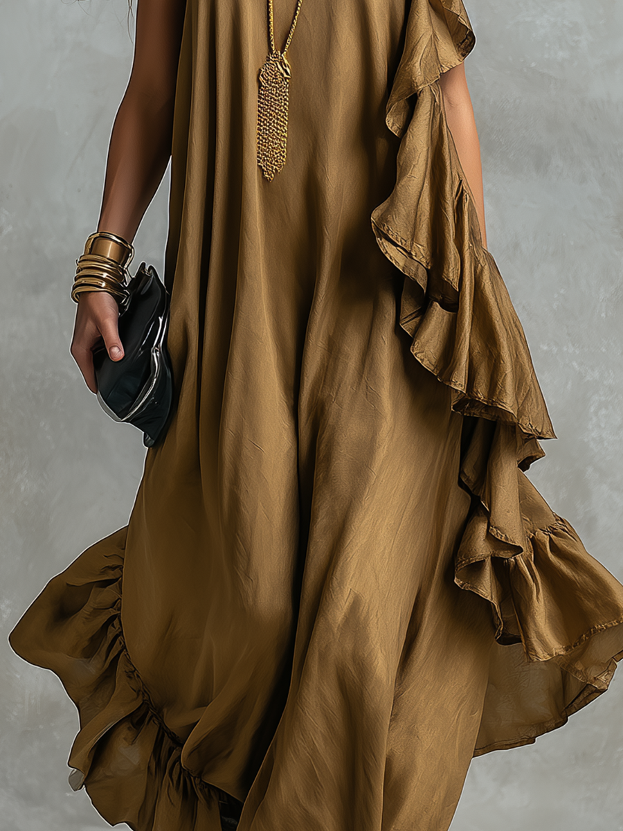 Artful Olive Asymmetric Ruffle Maxi Dress