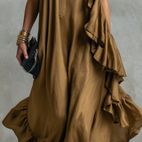 Artful Olive Asymmetric Ruffle Maxi Dress