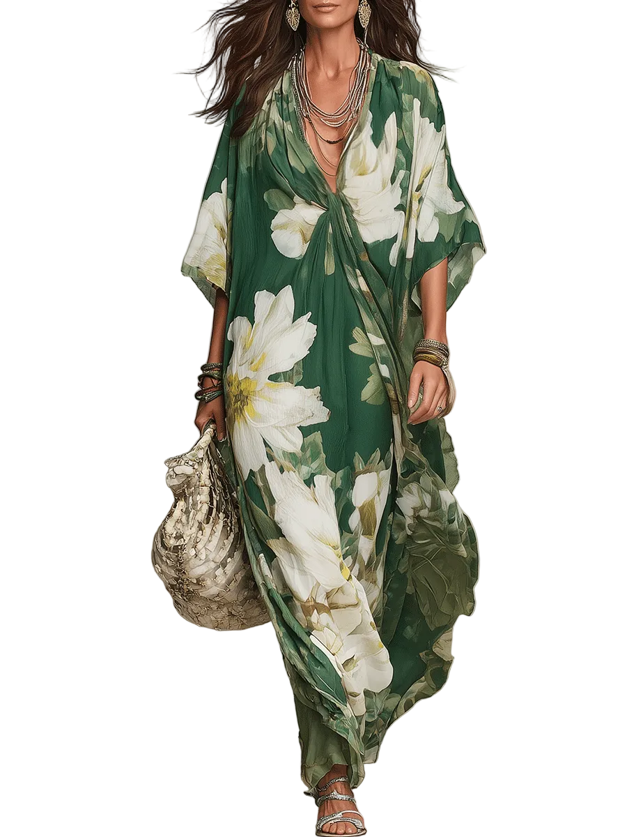 Emerald Bloom Flowing Bohemian Maxi Dress