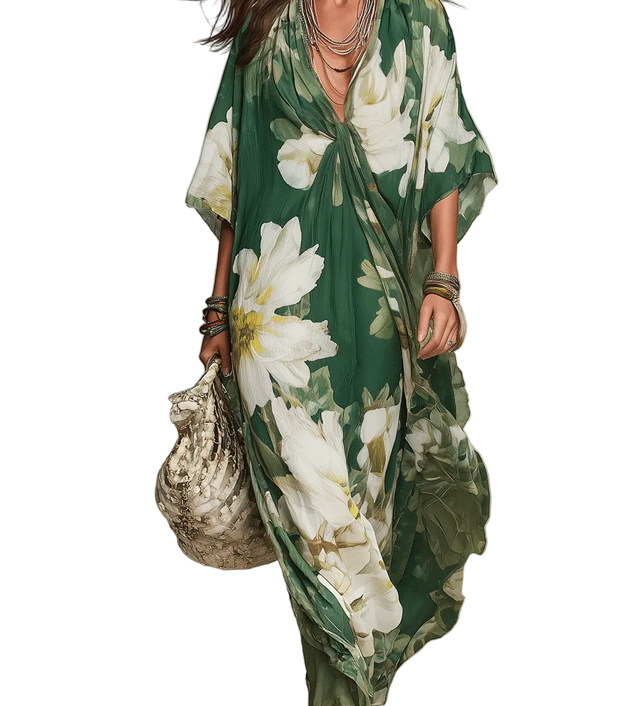 Emerald Bloom Flowing Bohemian Maxi Dress