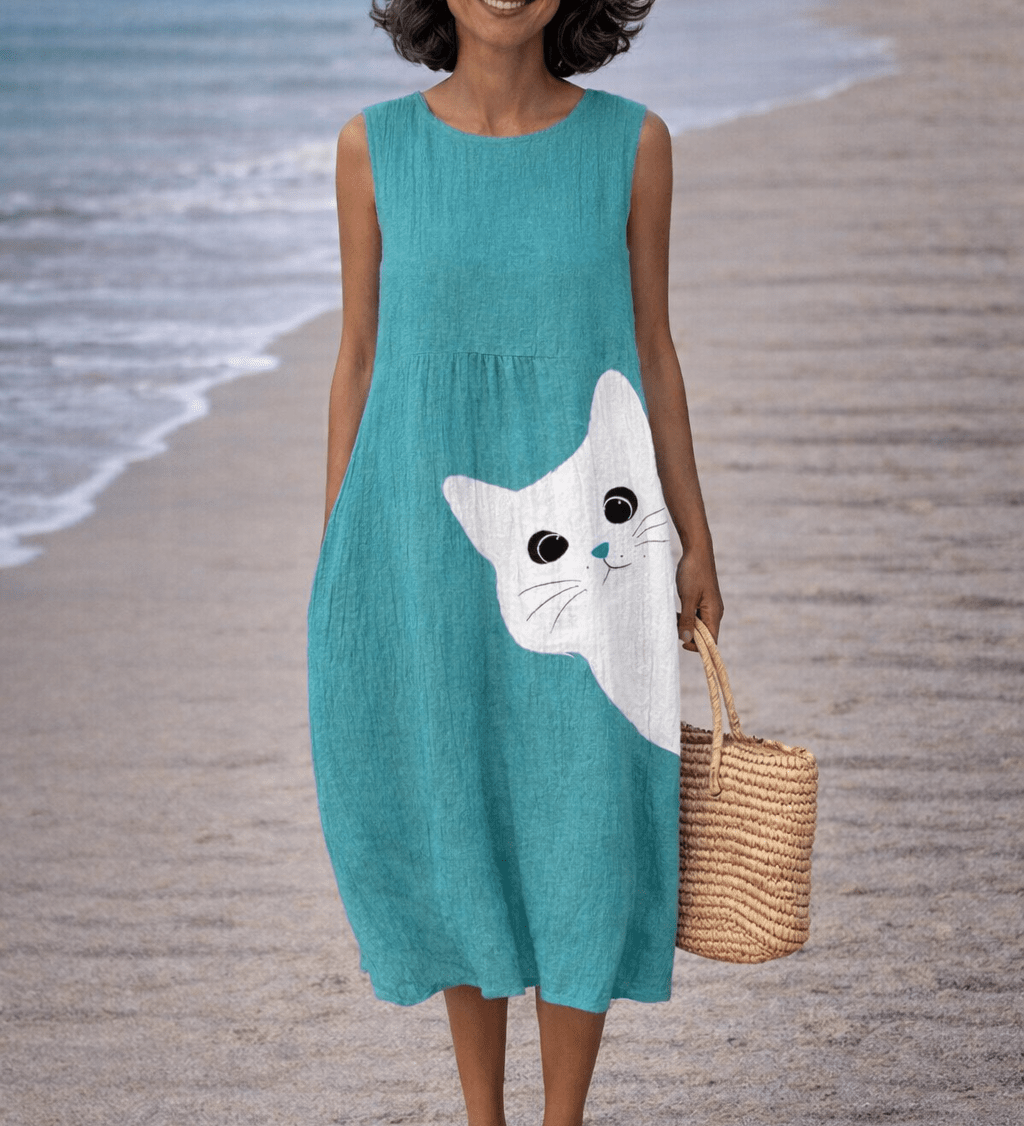 VESTIDO MIDI CON ESTAMPADO DE GATOS - VALERINA MARBELLA