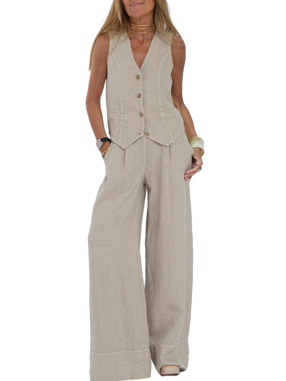 Conjunto casual de algodão com colete e calça