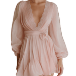 VESTIDO MINI DE GASA ROSA BLUSH CON DETALLES DE ENCAJE - VALERINA MARBELLA