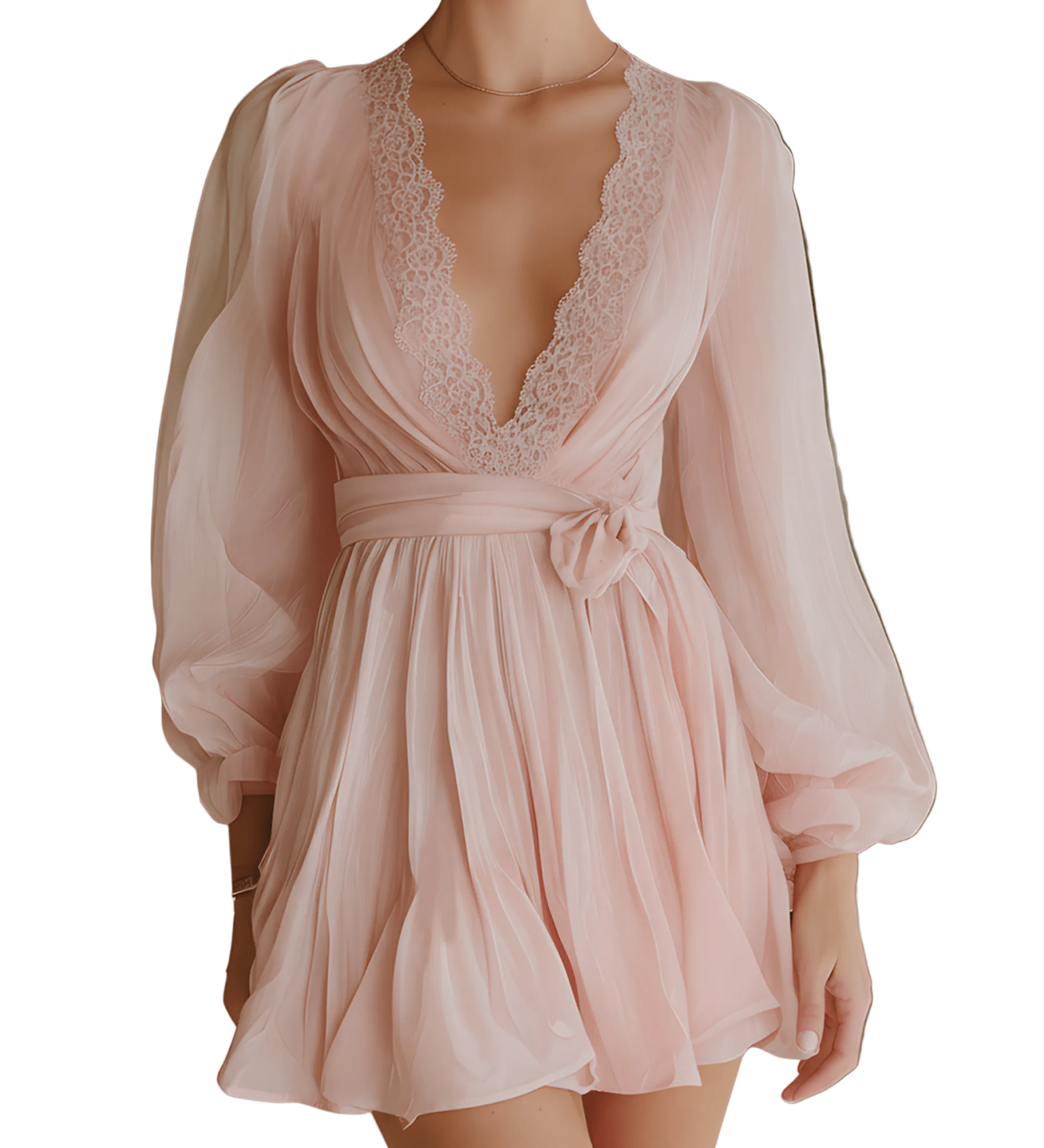 VESTIDO MINI DE GASA ROSA BLUSH CON DETALLES DE ENCAJE - VALERINA MARBELLA