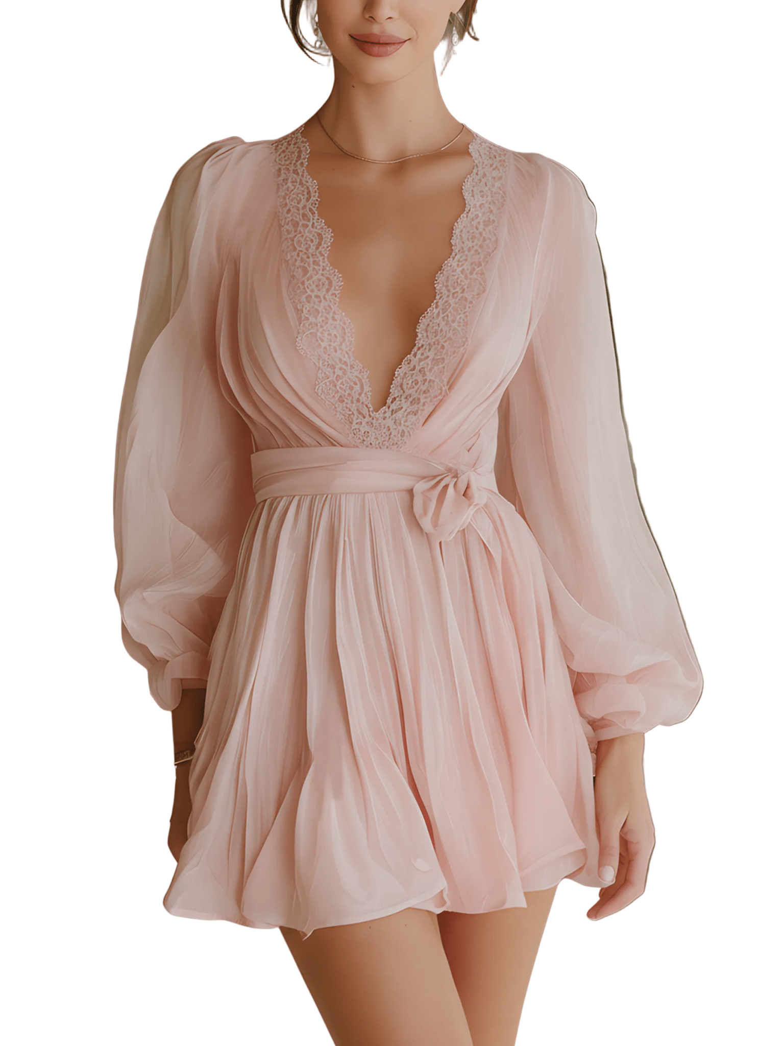 VESTIDO MINI DE GASA ROSA BLUSH CON DETALLES DE ENCAJE - VALERINA MARBELLA