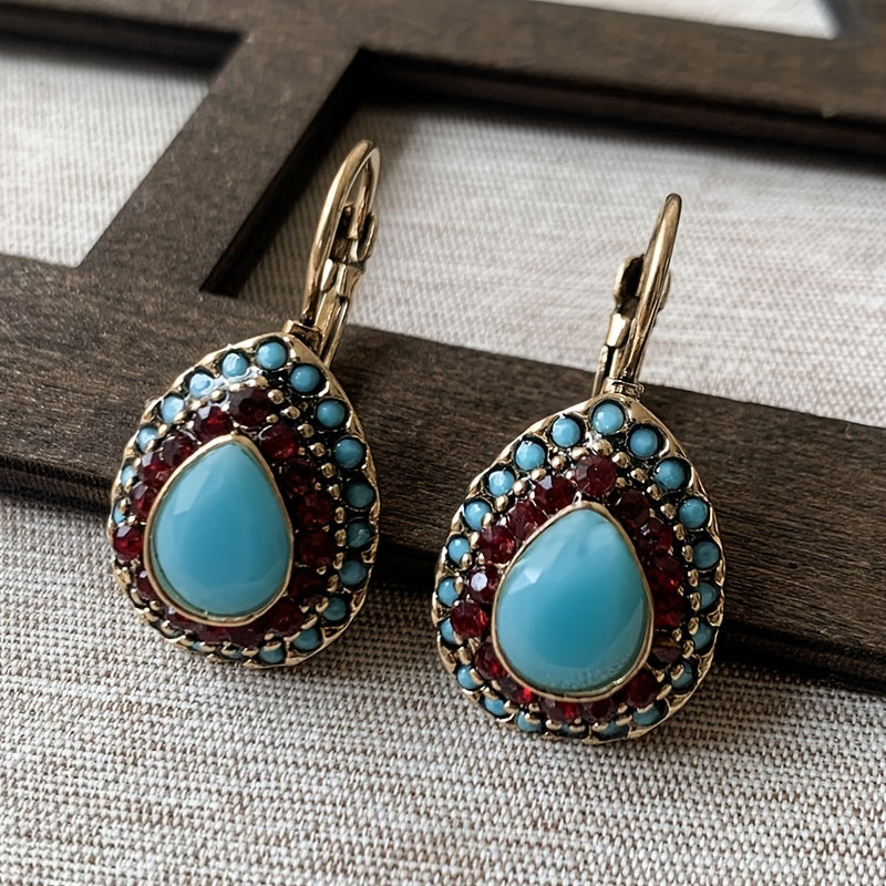 PENDIENTES VINTAGE TURQUESA STRASS GOTA RÉSINE