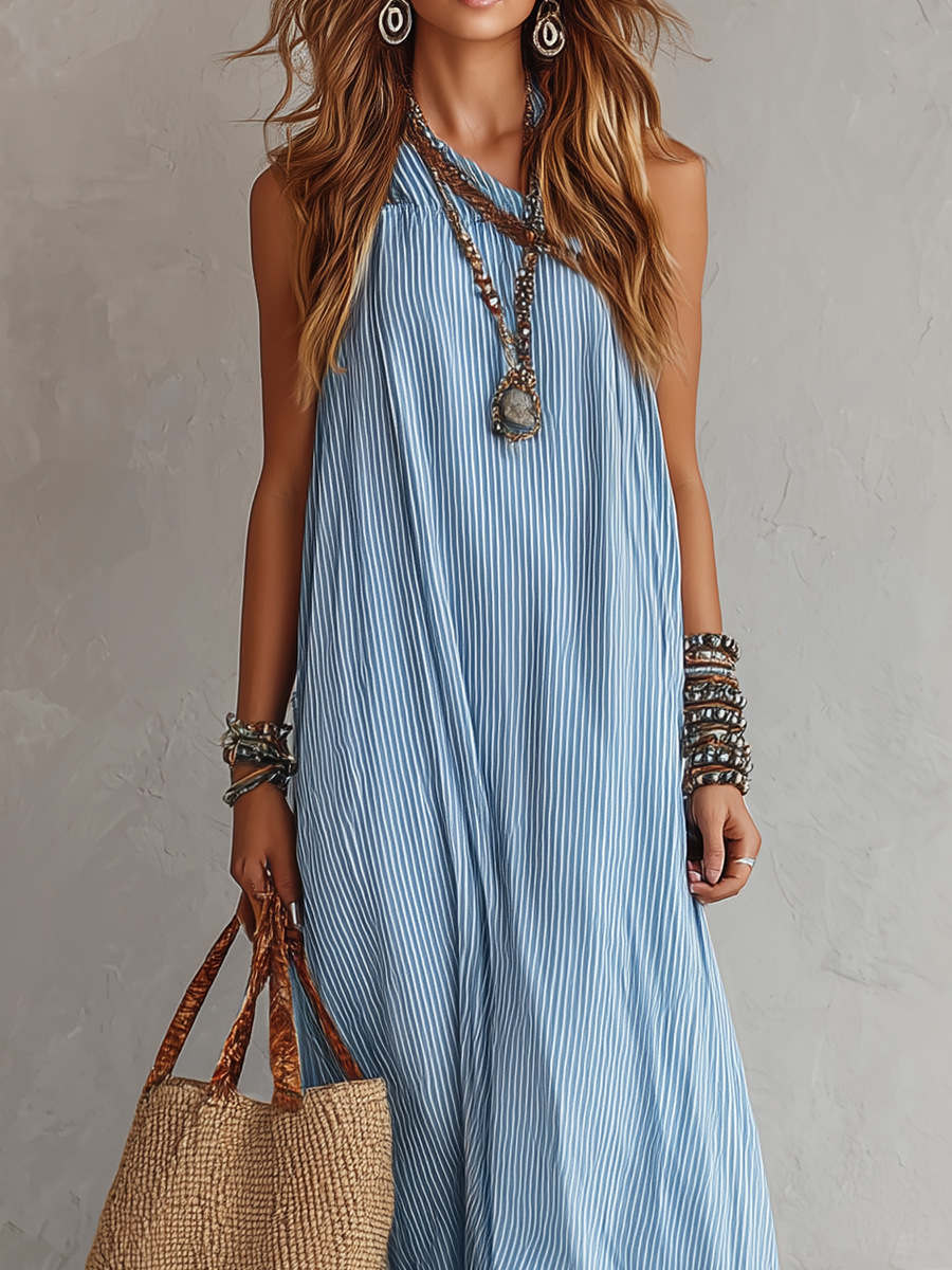 Light Blue Striped Off-the-shoulder Bohemian Style Dress
