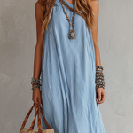 Light Blue Striped Off-the-shoulder Bohemian Style Dress