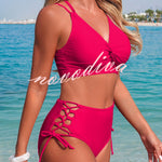 Solid Color V-neck High-waisted Hollowed-out Tie Two-piece Stretch Bikini Swimsuit