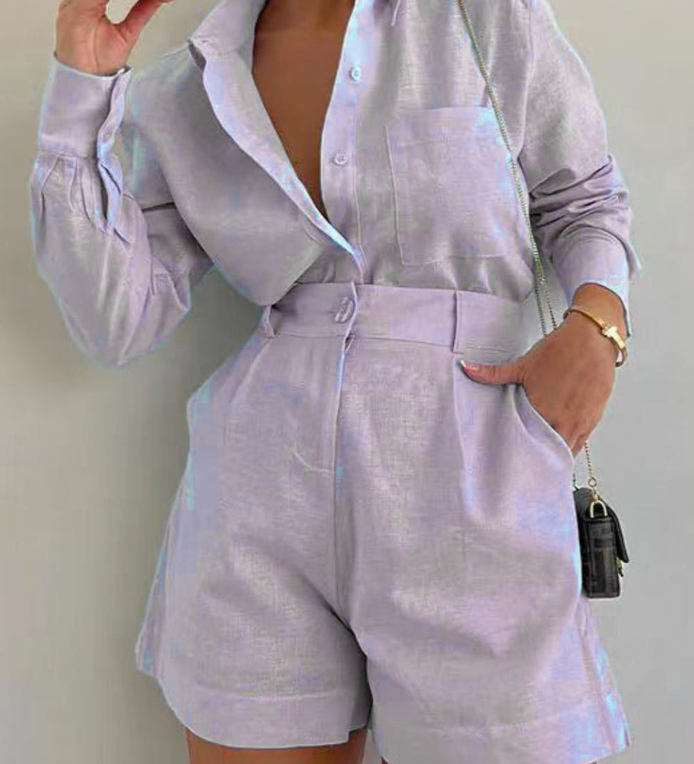 Conjunto de shorts folgados de manga comprida em algodão e linho