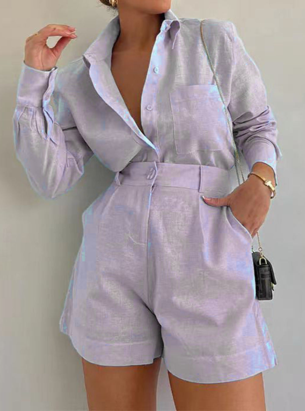 Conjunto de shorts folgados de manga comprida em algodão e linho