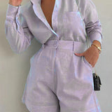 Conjunto de shorts folgados de manga comprida em algodão e linho