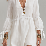 Linen Off-white Mini Dress With Tie-up Cuffs