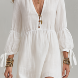 Linen Off-white Mini Dress With Tie-up Cuffs