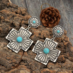 PENDIENTES RÉTRO FLORAL DESIGN TURQUESA CRUZ SCULPTÉ MÉTAL