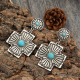 PENDIENTES RÉTRO FLORAL DESIGN TURQUESA CRUZ SCULPTÉ MÉTAL