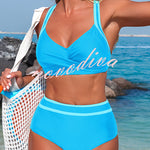 Stylish Color-blocked Striped High-waisted Two-piece Stretch Bikini Swimsuit