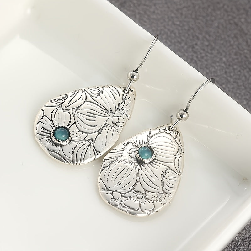 PENDIENTES RÉTRO SCULPTÉ FLEURS GOTA FORME TURQUESA PIERRE PRECIOSA CROCHET