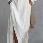 Loose-fitting One Shoulder Split Hem Cotton Linen Midi Dress