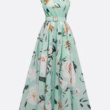 Vestido longo de chiffon verde claro com estampa floral, drapeado e um ombro só.