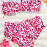 Floral Print Ruffled High-waisted Two-piece Stretch Bikini Swimsuit