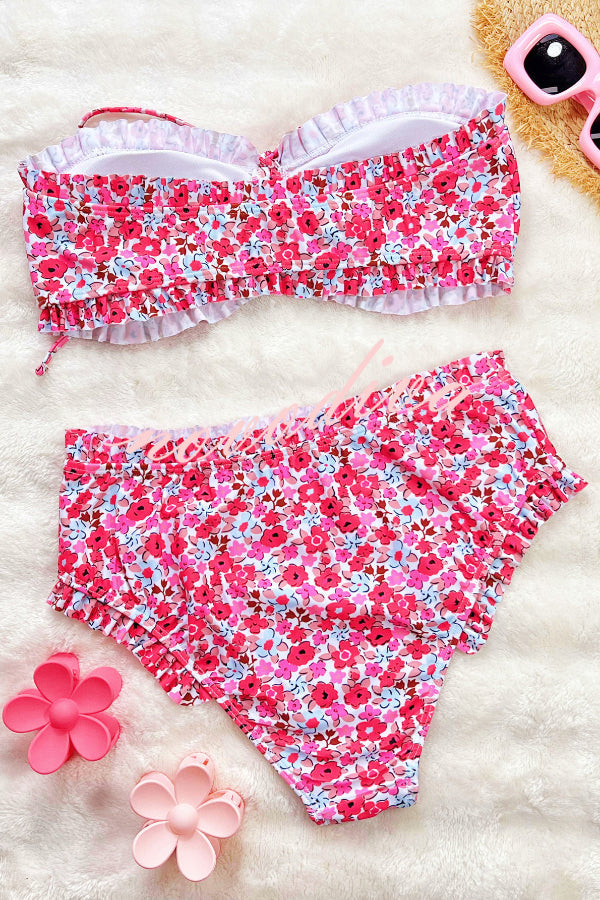 Floral Print Ruffled High-waisted Two-piece Stretch Bikini Swimsuit