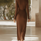 VESTIDO LARGO MARRÓN CHOCOLATE DE PUNTO CON ABERTURAS Y LAZADA - VALERINA MARBELLA