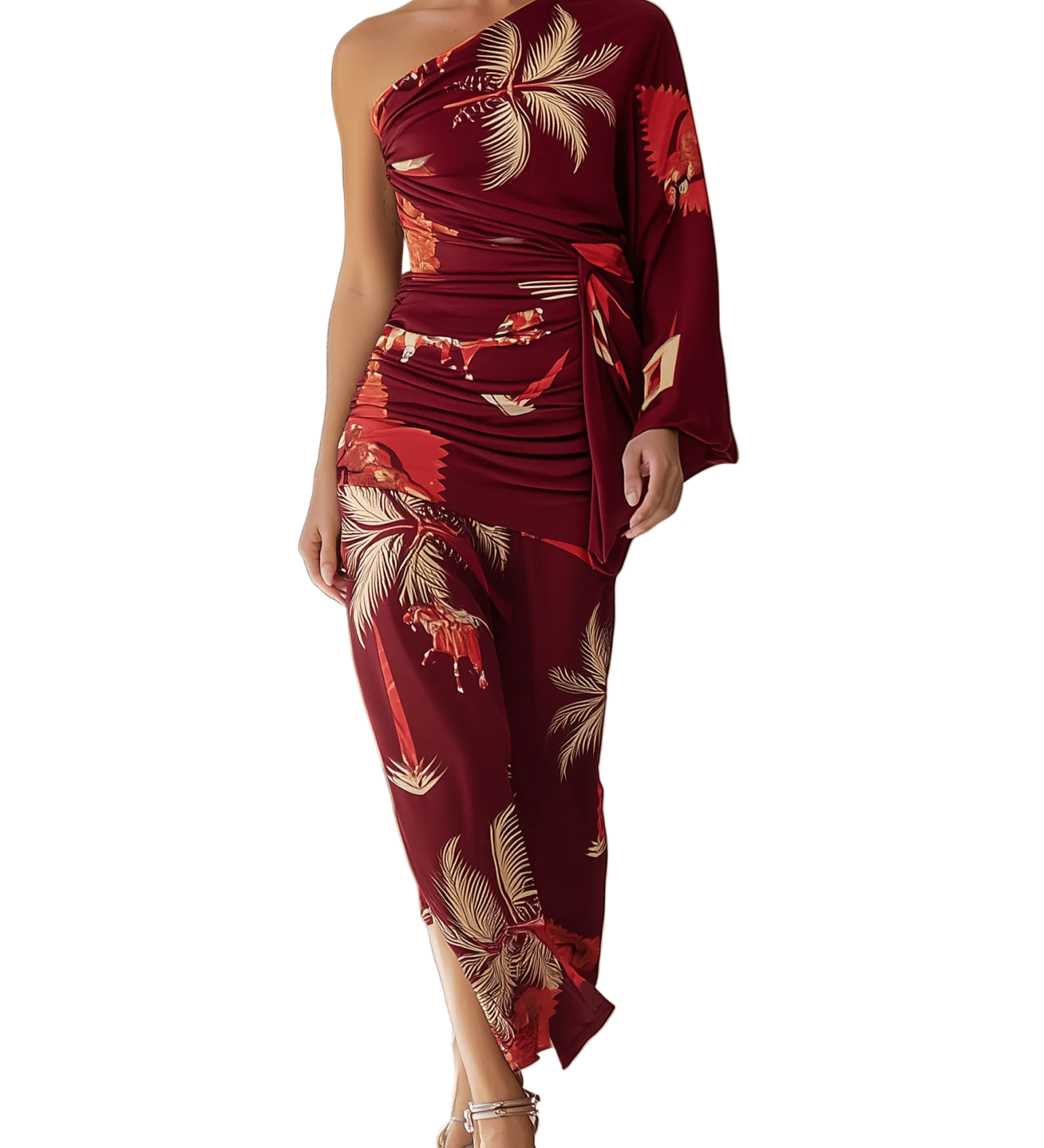 VESTIDO MIDI CON ESTAMPADO TROPICAL BURDEOS - VALERINA MARBELLA