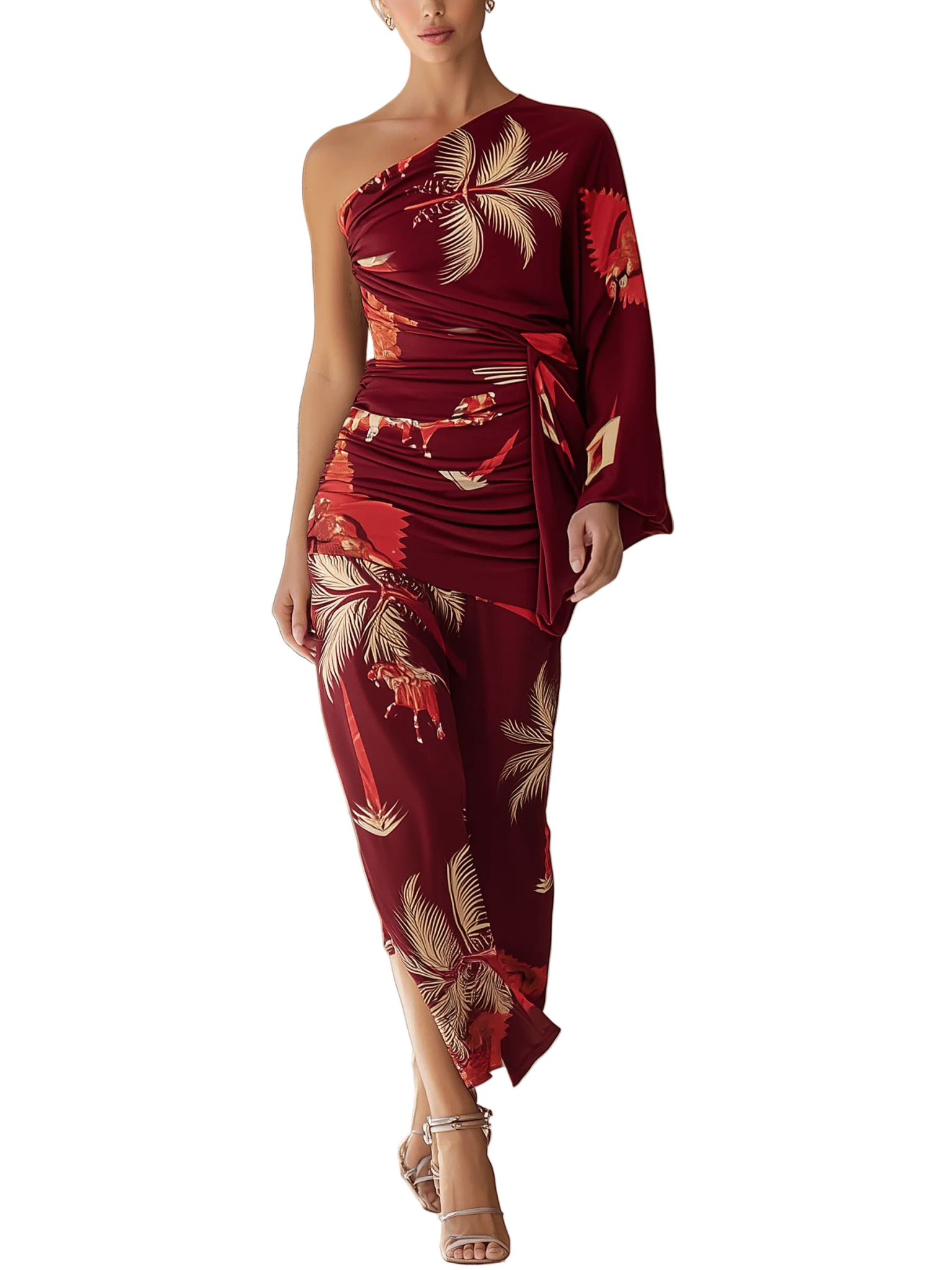 VESTIDO MIDI CON ESTAMPADO TROPICAL BURDEOS - VALERINA MARBELLA
