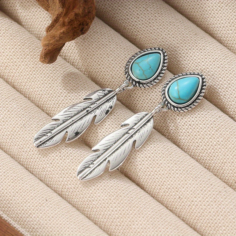 PENDIENTES RÉTRO TRIBAL TURQUESA PLUMA GOTA
