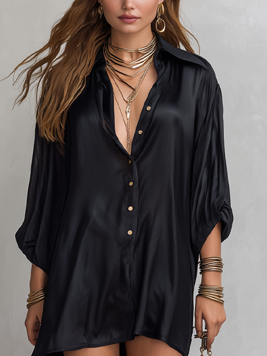 Black Satin Shirt-style Mini Dress