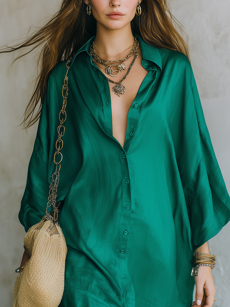 Dark Green Shirt-style Mini Dress