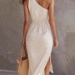 Off-the-shoulder Split-hem Cotton Linen Midi Dress
