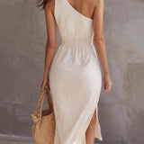 Off-the-shoulder Split-hem Cotton Linen Midi Dress